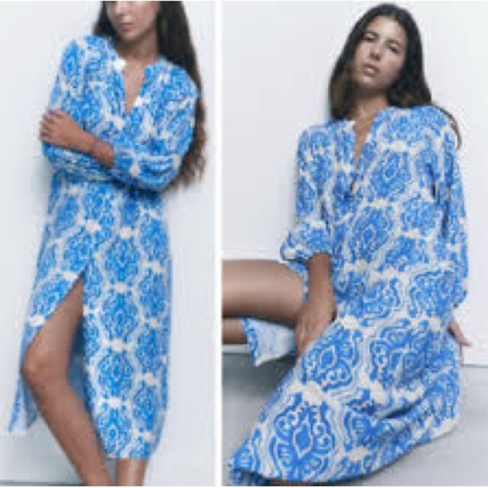 ZARA XL Blue and White Patterned Dress